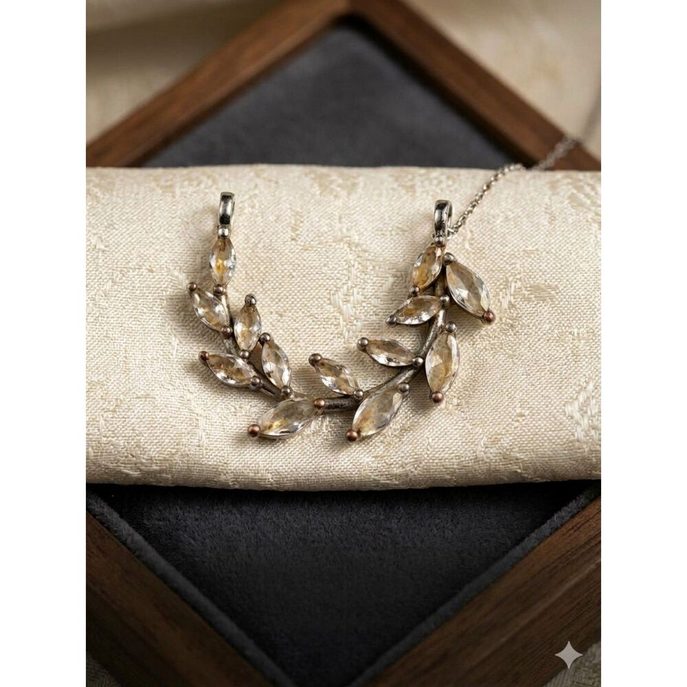 Silver-Tone Marquise Curved Leaf Vine Pendant